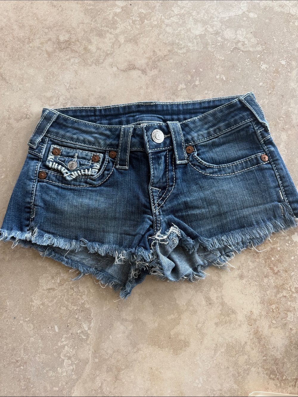 True Religion Dark Blue Distressed Denim Jean Shorts